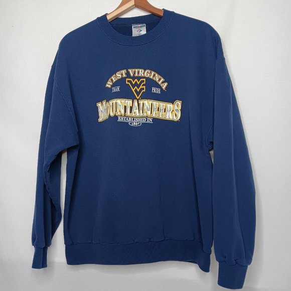 WVU West Virginia University Mountaineers L Sweatshirt Blue Crew Neck Jerzees - Picture 1 of 10
